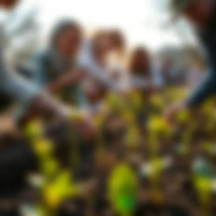 A group of people planting young buds in a community garden to support the budding movement
