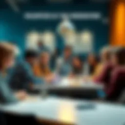 A group of diverse people discussing and collaborating around a table, inviting others to join as community moderators