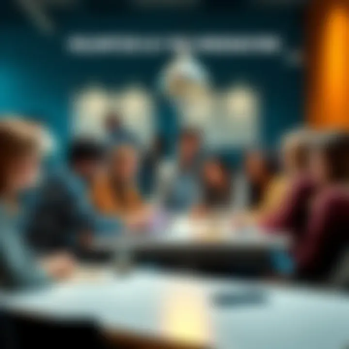 Community Moderation Invitation A group of diverse people discussing and collaborating around a table, inviting others to join as community moderators