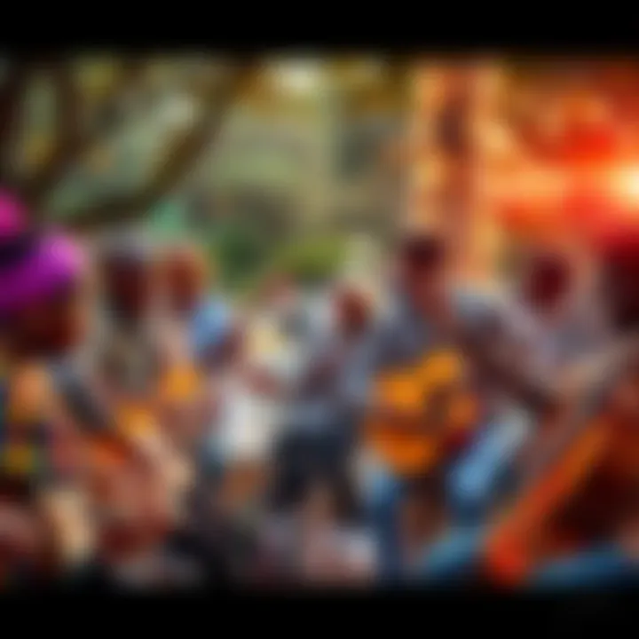 A diverse group of people playing instruments together in a park, creating a joyful atmosphere of unity through music.