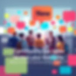A vibrant graphic showing people engaging with each other while sharing news and updates, surrounded by colorful speech bubbles and headlines