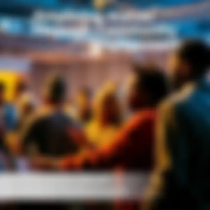 A diverse group of individuals actively participating in a community outreach event, showcasing collaboration and engagement.