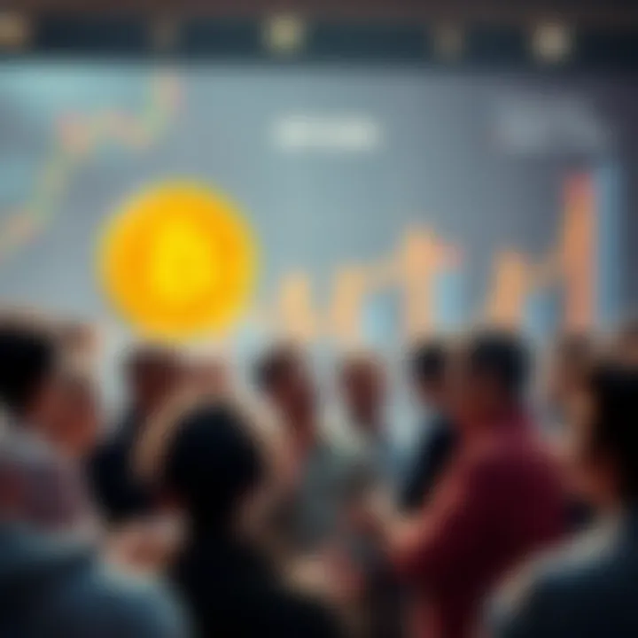 A group of diverse people discussing their opinions on Bitcoin's future, with charts and graphs in the background.