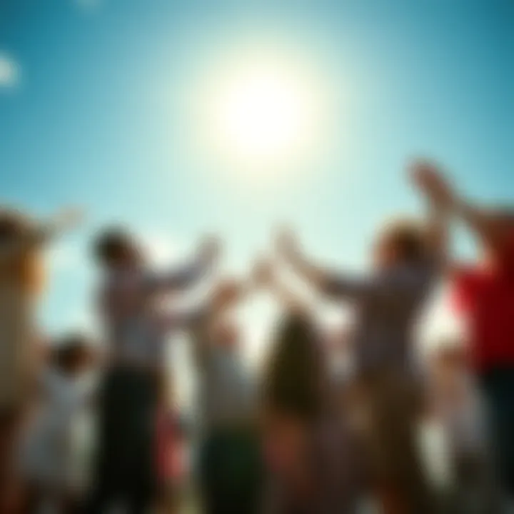 A diverse group of individuals joining hands under a bright sky, symbolizing hope and resilience in tough times.