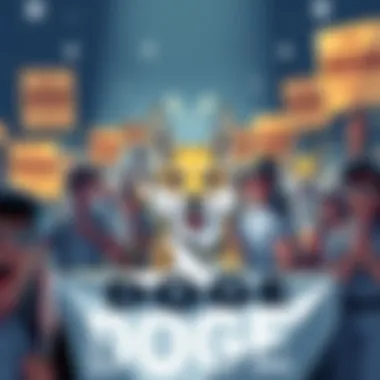 A group of people holding signs and banners supporting DOGE cryptocurrency with excitement