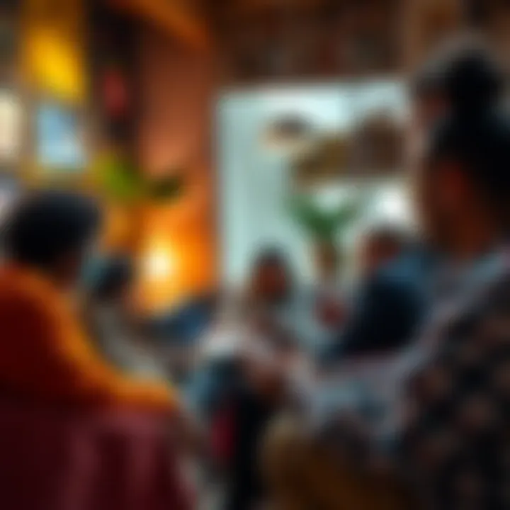 A diverse group of people discussing and using sanctuary technologies in a cozy meeting space, focusing on better security and freedom.