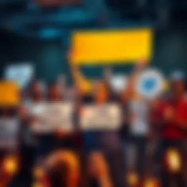 A group of people celebrating a key supporter in their community, holding signs and smiling.