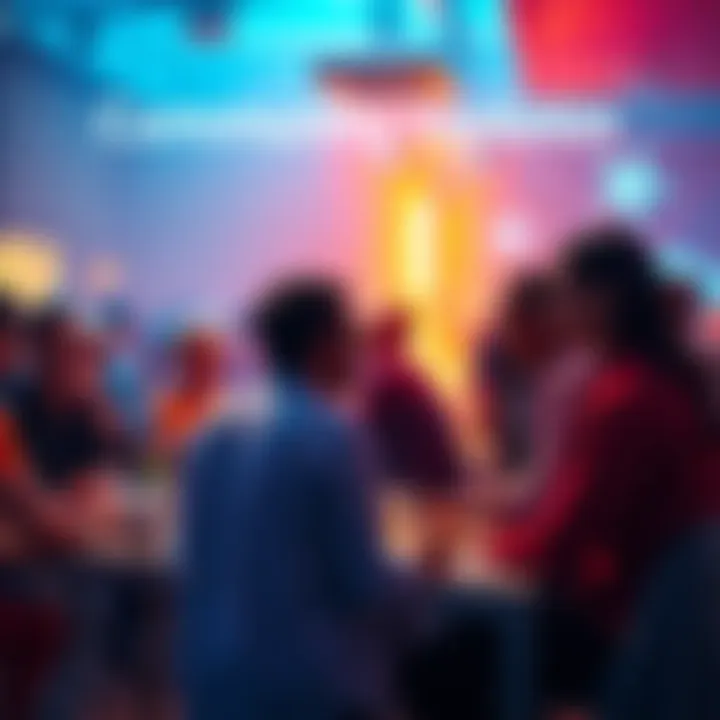 A vibrant community meeting with people discussing recent events and updates, showcasing engagement and excitement.