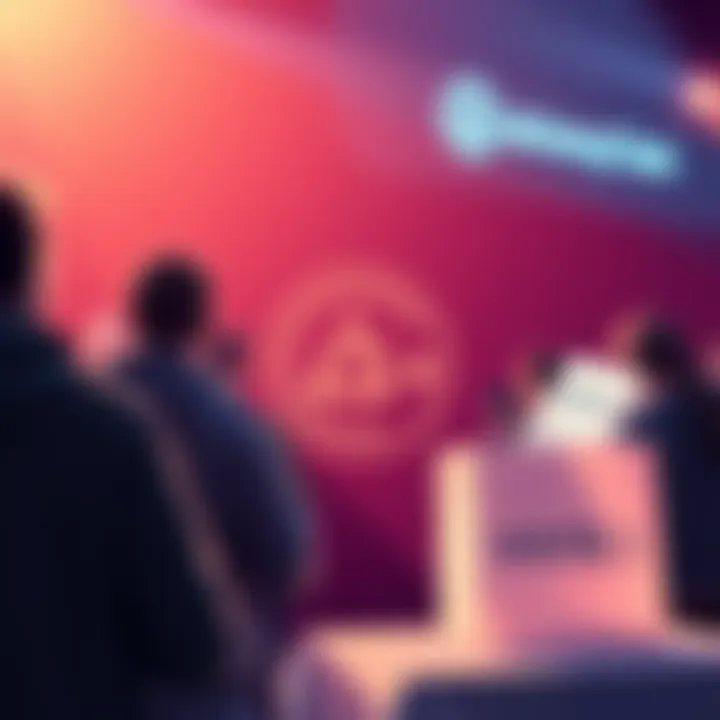 Graphic showing people participating in a vote for $ACH supply adjustment with a ballot and AlchemyChain logo in the background