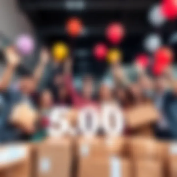 Company Milestone Celebration A group of employees joyfully celebrating the shipment of 5,000 parcels with packages and balloons in the background.
