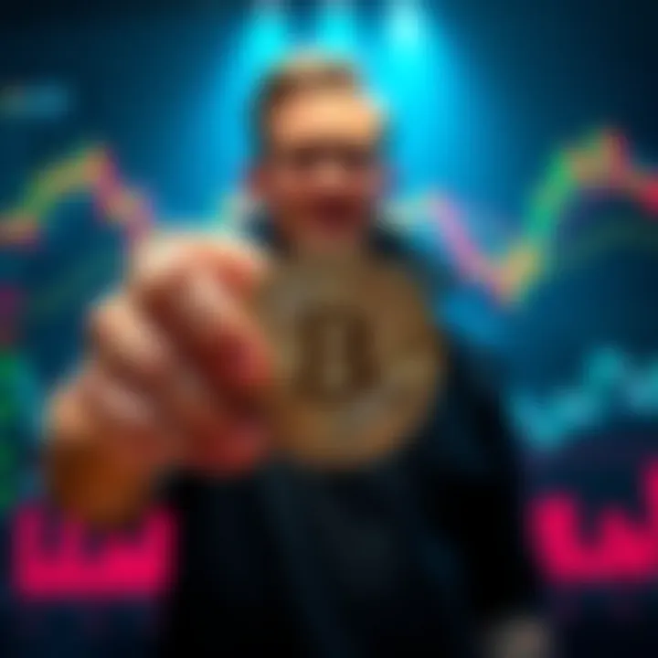 A company representative holding Bitcoin with stock charts in the background