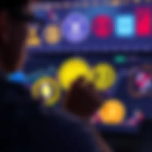 A person analyzing charts and screens with cryptocurrency symbols like Ada, XRP, and ETH in the background.