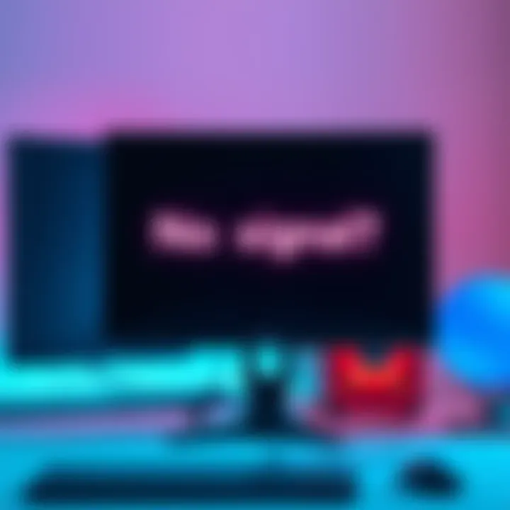 A computer monitor displaying a 'no signal' message with a powered-on PC in the background