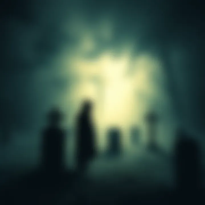 A shadowy figure standing at the edge of a graveyard, surrounded by mist, symbolizing the mystery of death.