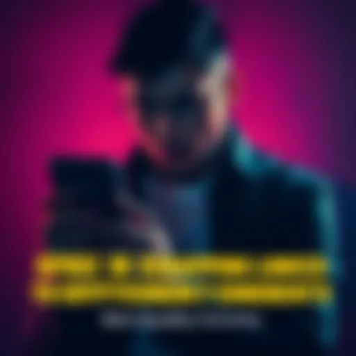 A worried person looks at a smartphone displaying cryptocurrency values, with shadows suggesting a threatening presence behind them.