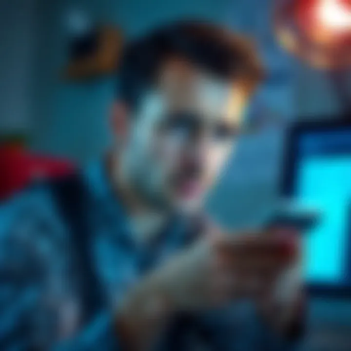 A person looking worried while checking their phone for updates on interest payments, with a background showing a computer and financial documents.