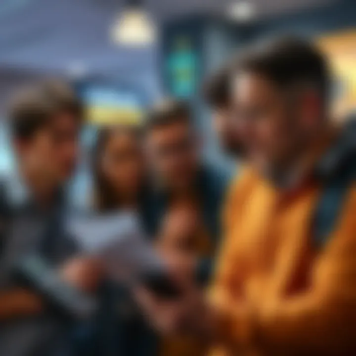 A group of consumers looking worried while reviewing a notice about the new €350 downgrade fee, with one person holding a calculator.