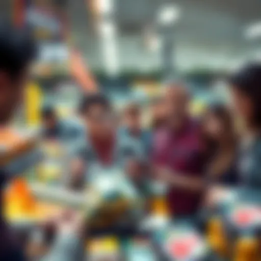 Concerned Consumers with Empty Wallets A group of worried consumers looking at their empty wallets in a grocery store, surrounded by rising prices on products.