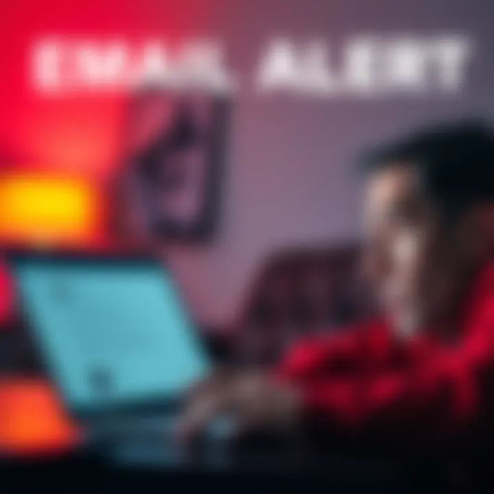 A person looking at a suspicious email on their laptop, showing signs of concern and curiosity.
