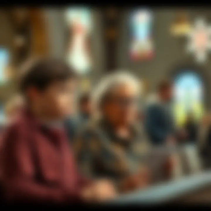 A worried young person talks to their grandmother at church about a risky investment in XRP, looking concerned as they discuss a businessman.