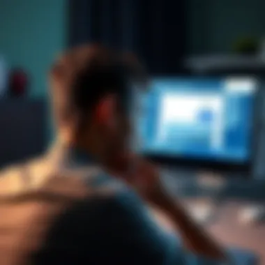 A concerned individual looking at a computer screen displaying a phishing email, illustrating the danger of online scams.
