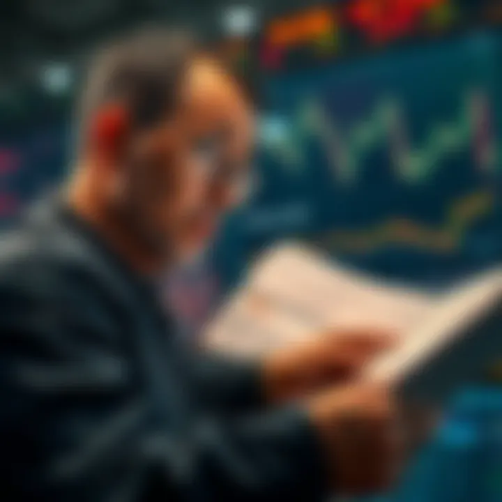 A worried person looking at stock charts and financial reports, contemplating their investment decisions.