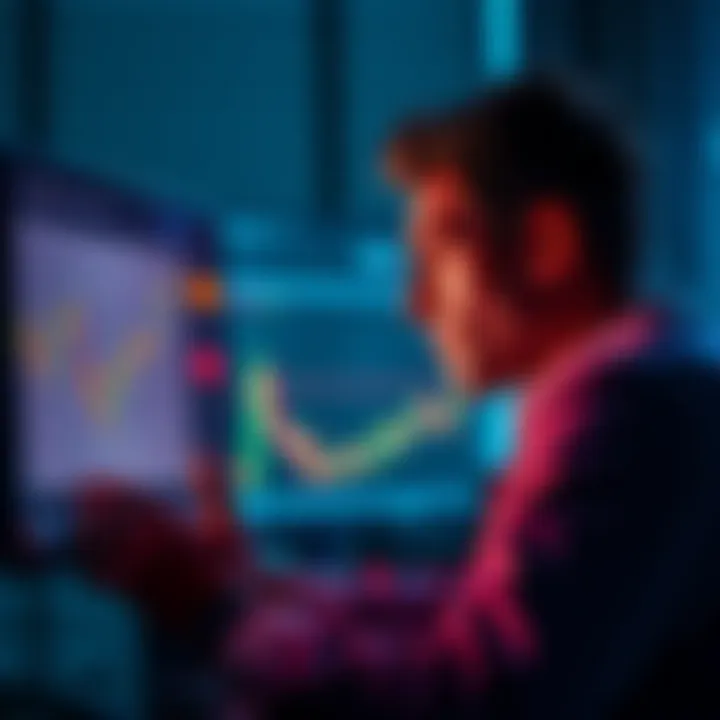 A worried investor stares at crypto price charts on a computer screen, contemplating investment decisions during a market drop.