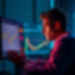 Concerned investor looking at crypto charts A worried investor stares at crypto price charts on a computer screen, contemplating investment decisions during a market drop.