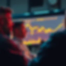 Group of worried investors looking at a Bitcoin price chart on a screen, showing a downward trend