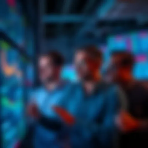 A group of worried investors looking at screens displaying financial data; some screens show declining numbers, indicating losses.