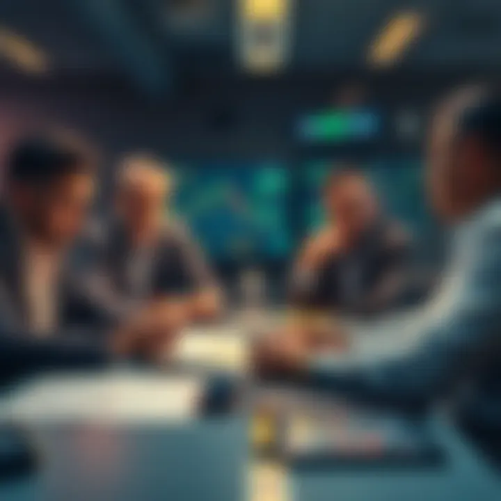 A group of concerned investors discussing cryptocurrency trends at a table with graphs and charts depicting market fluctuations.