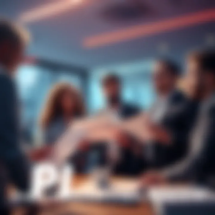 A group of concerned investors holding charts and discussing the declining value of the PI project