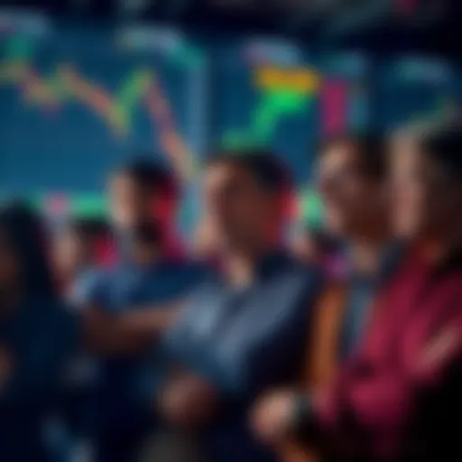 A group of worried investors looking at financial charts showing declining trends and market fluctuations