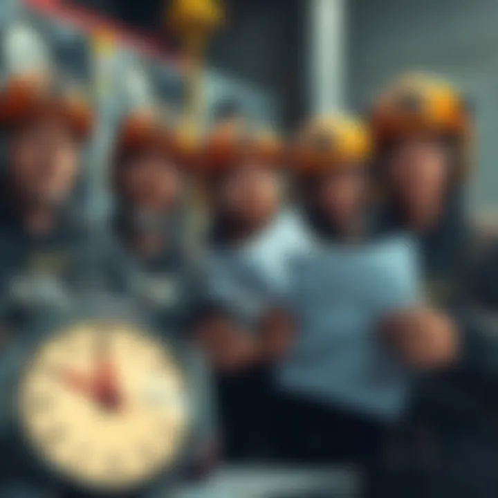 Concerned miners waiting for migration updates A group of miners looking worried while holding paperwork related to migration; they are surrounded by mining equipment and a clock showing time passing.