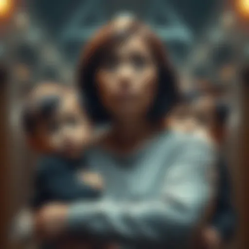 A worried mother holds her two children, contemplating the future of AI and its impact on their safety.