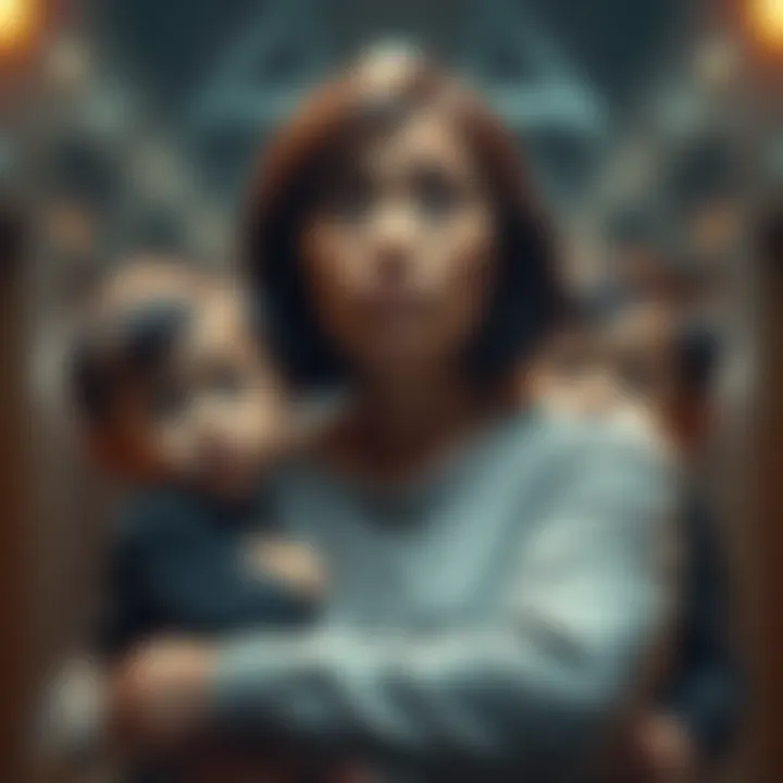 A worried mother holds her two children, contemplating the future of AI and its impact on their safety.