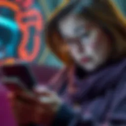 A worried woman looks at her smartphone, displaying a cryptocurrency app with locked funds, representing potential scams.