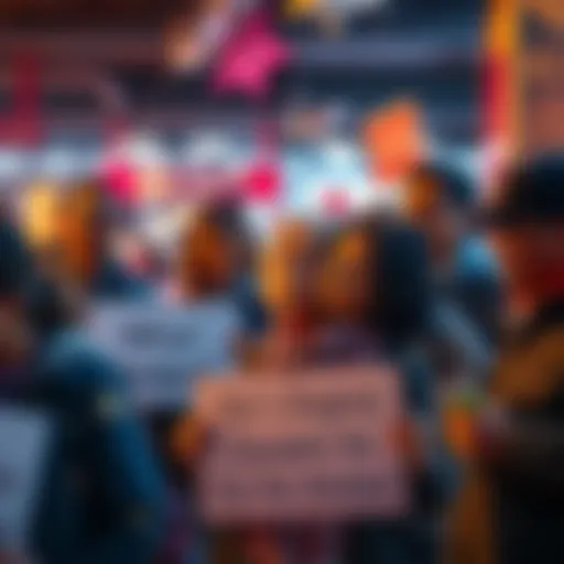 A group of people expressing frustration over declining standards in a public space, with some holding signs for awareness.