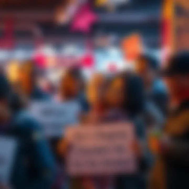 A group of people expressing frustration over declining standards in a public space, with some holding signs for awareness.
