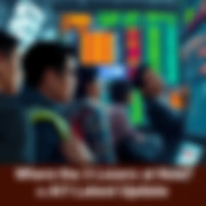 A group of concerned individuals looking at a stock market screen, illustrating the anxiety of those who faced financial losses.
