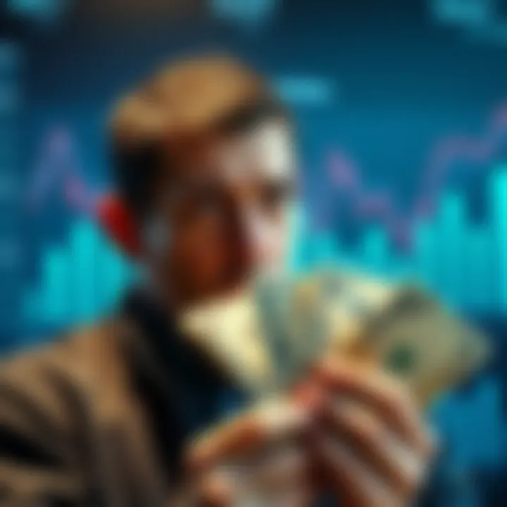 A person looking worried while holding dollar bills, with a backdrop of graphs showing inflation trends and societal issues like stagnant wages and job loss.