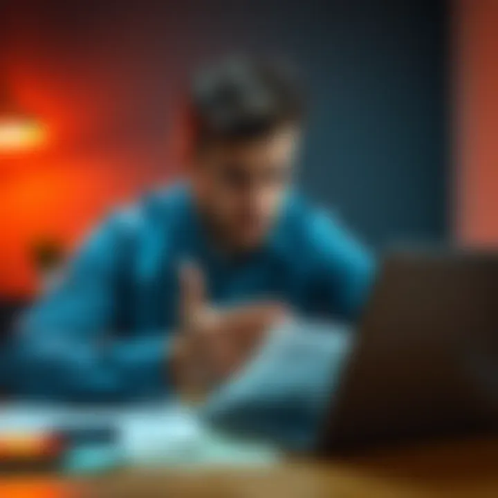 A worried person looking at investment papers and a laptop, examining potential scams and financial losses.