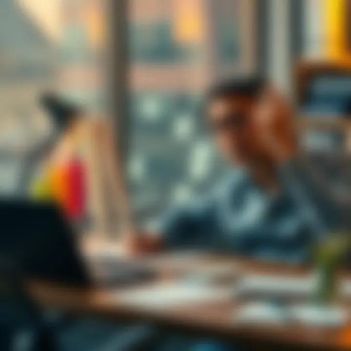 A worried tech professional sits at a desk with financial documents and a laptop, pondering retirement options amid market uncertainty.