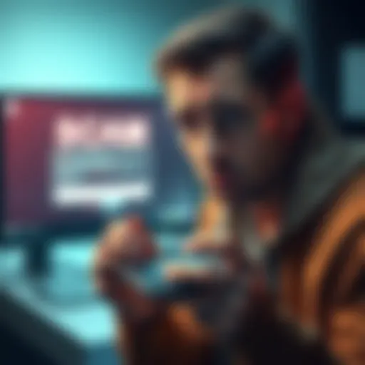 A person looking worried while holding a Ledger hardware wallet, with a computer screen showing a scam alert in the background
