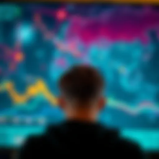 A person looking worriedly at a computer screen displaying Bitcoin prices with a backdrop of a world map showing conflict areas.