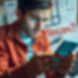 A worried person looking at their phone while checking account balances, with a focused expression, and a backdrop of financial documents and a calculator.