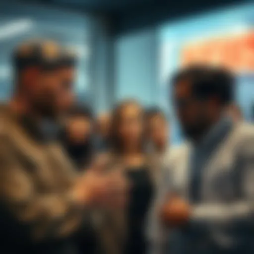 Group of people discussing and looking unsure about a new service, expressing doubt and concern.