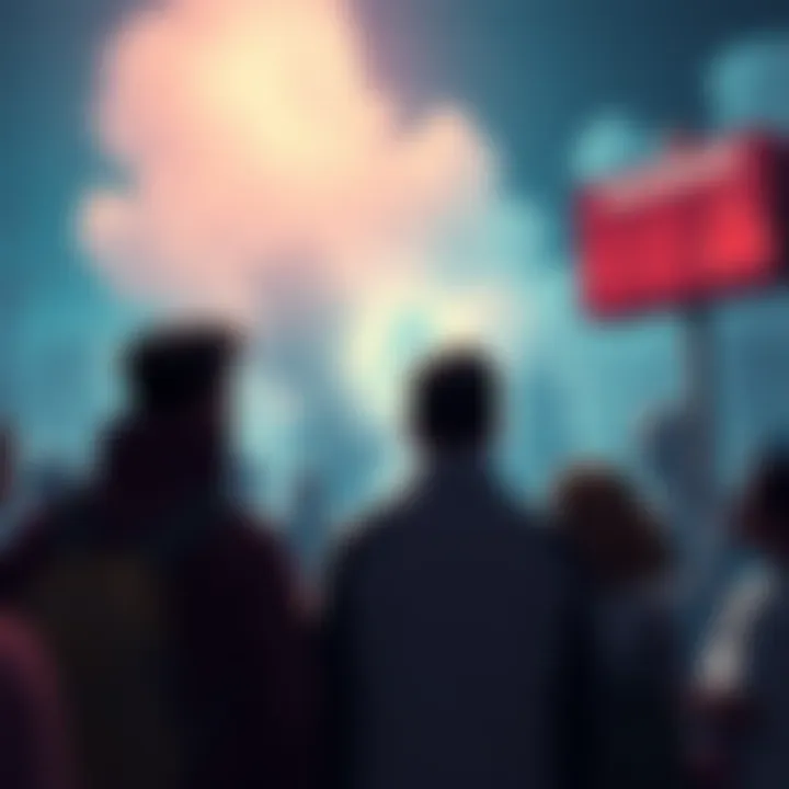 A worried group of people discussing the URME United Piety Paychain token, with warning signs in the background.