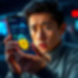 Concerns Over Crypto Wallets A person looking worried while holding a phone displaying crypto wallet apps and security icons