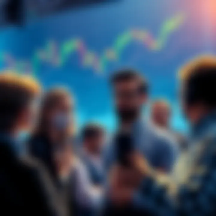 A group of people discussing cryptocurrency in a worried manner, with charts showing declines in the background.